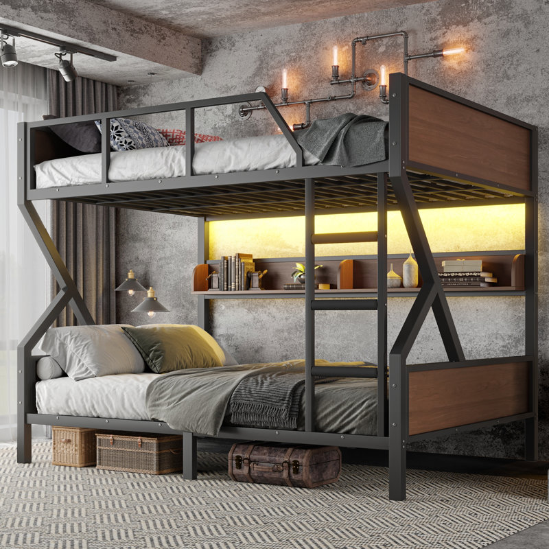 Grand lit superposé en métal avec tablettes de rangement et lumières DEL, conception compacte et silencieuse pour la vie moderne