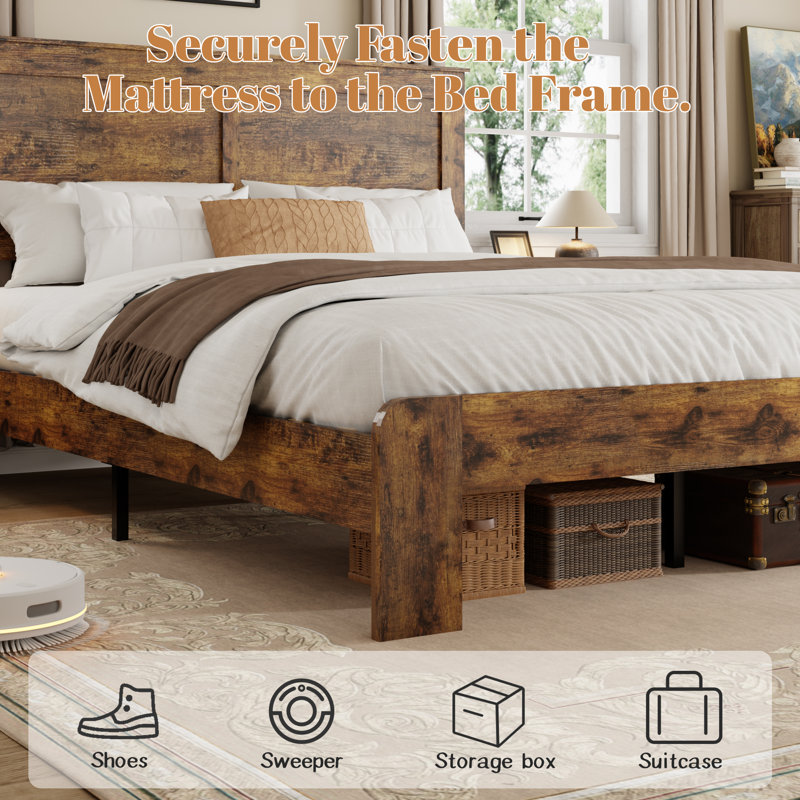 Farmhouse Bed Frame Queen Size，Wooden Platform Bed Frame with Headboard ,No Box Spring Needed,Easy Assembly, Queen