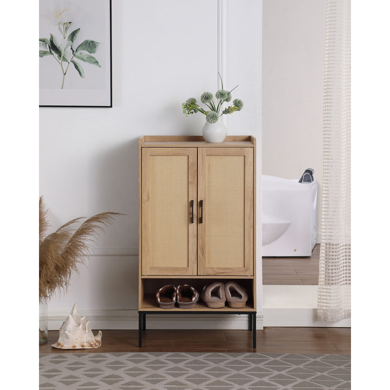 Armoire à chaussures avec portes en rotin, armoire de rangement à chaussures à 5 niveaux avec tablettes ouvertes