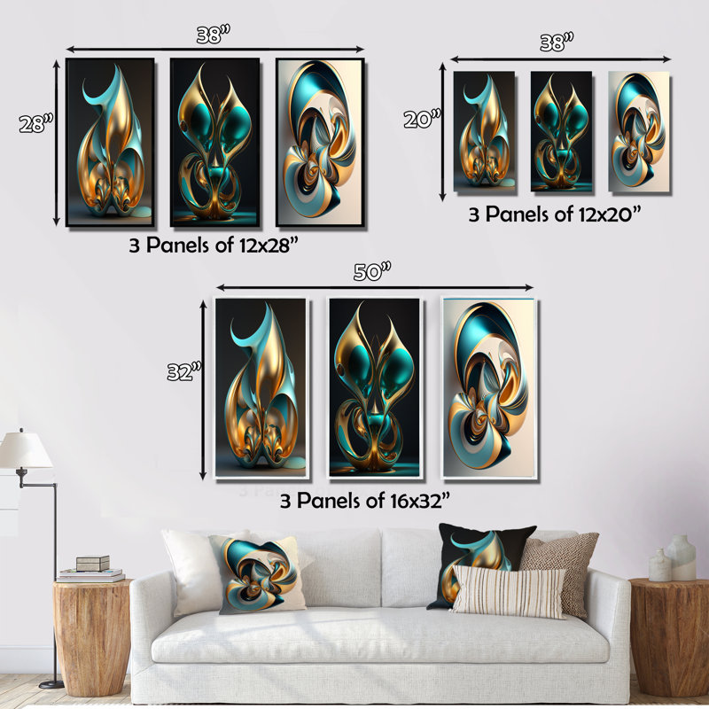 Rhythm Of Infinity 3D Turquoise Gold Sphere VI - Abstract Fractal Art Set Of 3 Pieces, Encadrement doré, H 40 po x l 60 po