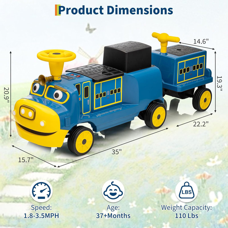 2 places 12V pour enfants sur un train sans rail avec chariot, siège réglable, musique, lumières DEL et rangement pour tout-petits de 3 ans et plus