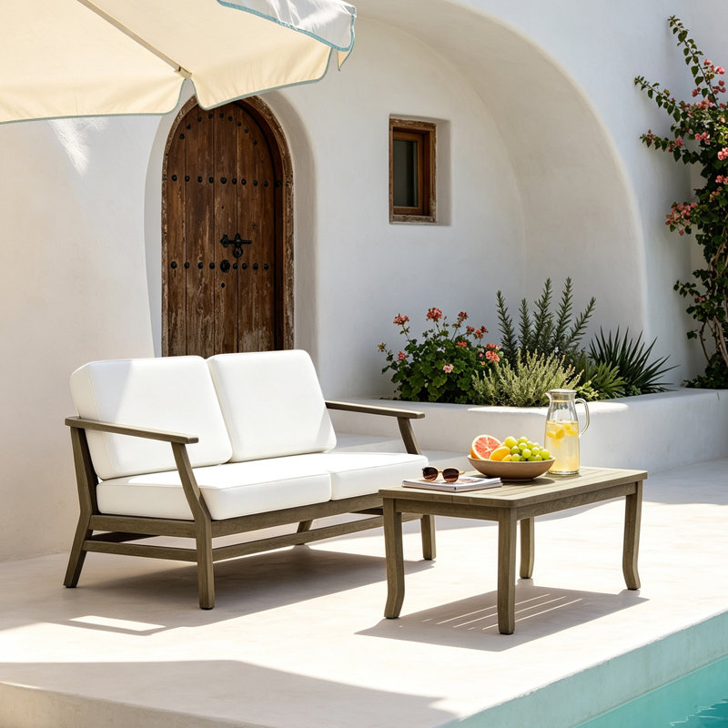 Ensemble de patio extérieur en teck pour deux personnes avec coussins et table d'appoint Polett, Beige, Brown