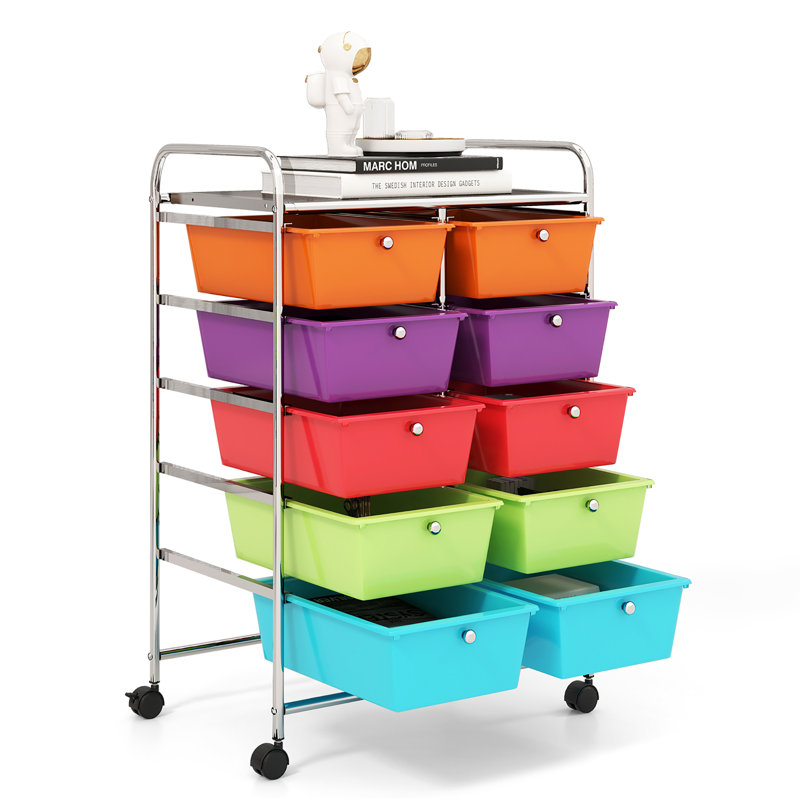 Milin 10 Drawer Storage Drawer with Locking Wheels, Blue/Green/Orange