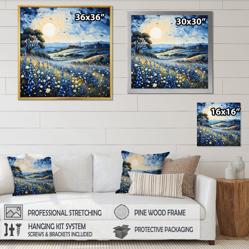 Blue Bonnets Field Pointillism I, Cadre simple blanc, H 16 po x l 16 po x P 1 po