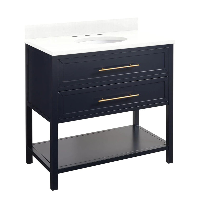 36" Robertson Single Bathroom Vanity Set with Rectangle Undermount Sink, 8" Widespread, Feathered White Quartz, Brushed White
