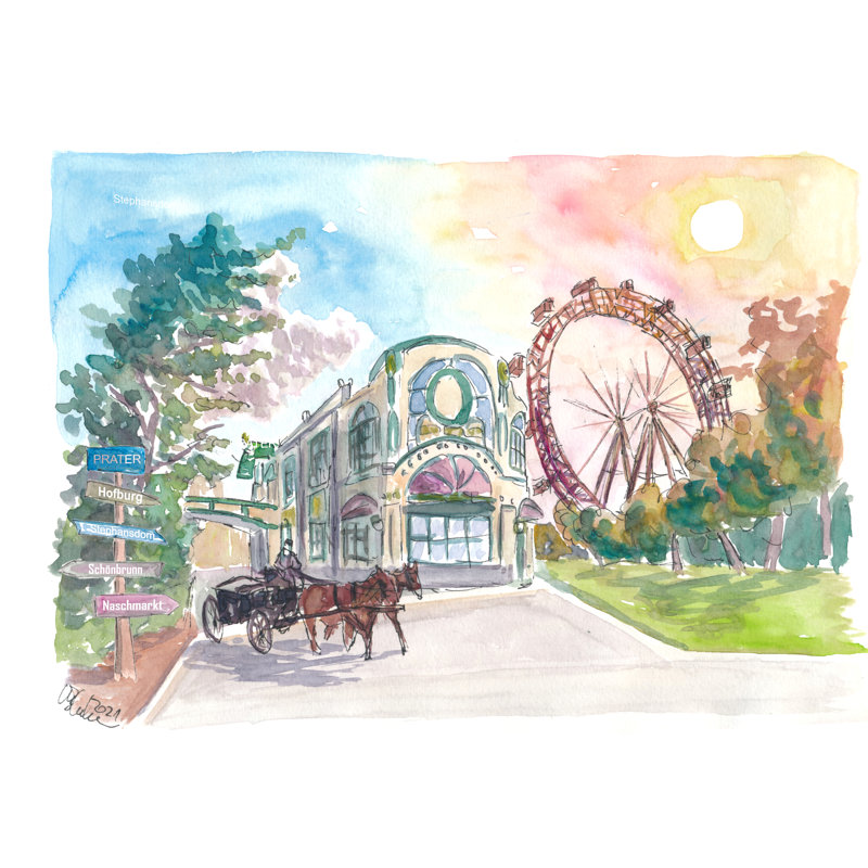 Vienna Austria Prater With Ferris Wheel And Signpost Print by Martina Bleichner, Black Framed Canvas, 24" H x 32" W
