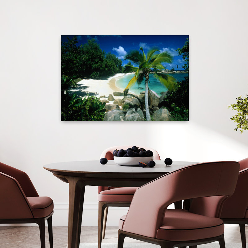 Petite Anse, Praslin, Seychelles, art contemporain abstrait de palmiers sur la plage, océan, H 24 po x l 36 po