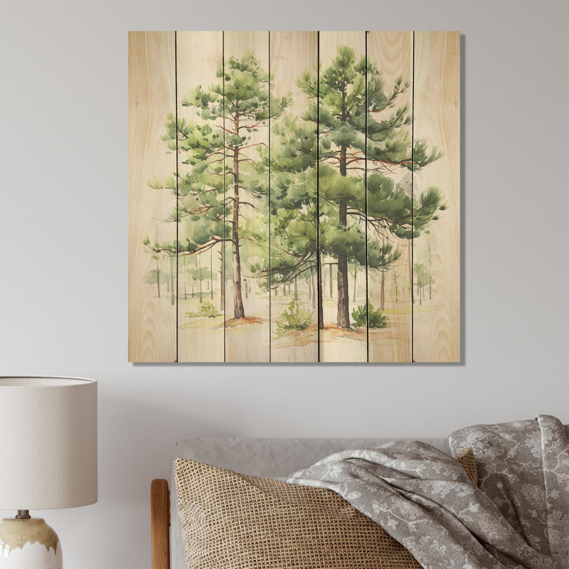 Aquarelle, pin vert, forêt, impression sur bois, H 30 po x l 30 po
