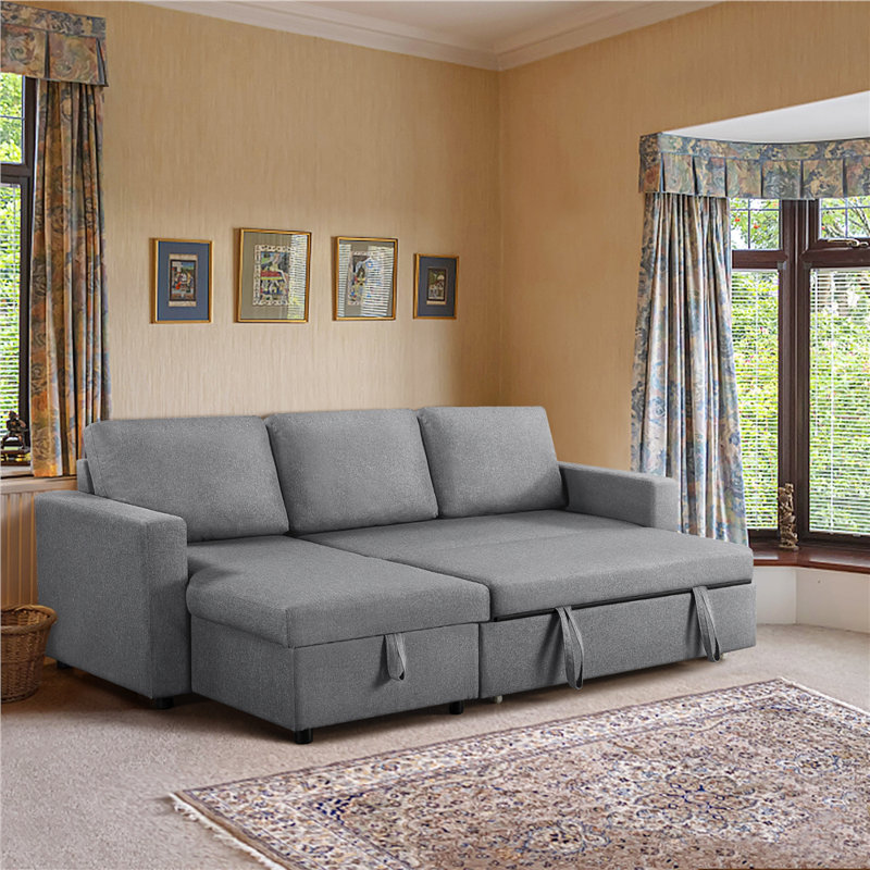 Reversible Sectional Sofa with Pull Out Bed and Storage For Limited Spaces, Light Grey Polyester
