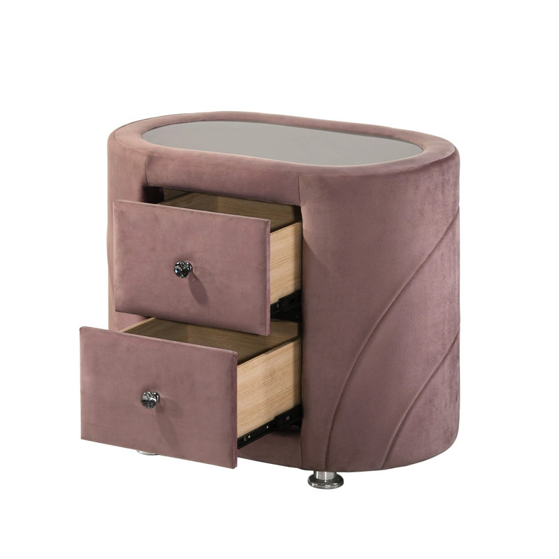 Table de chevet ovale contemporaine rose avec deux tiroirs de rangement, pieds en métal, plateau en verre pour glissière de tiroir de chambre à coucher, arrêt, moderne