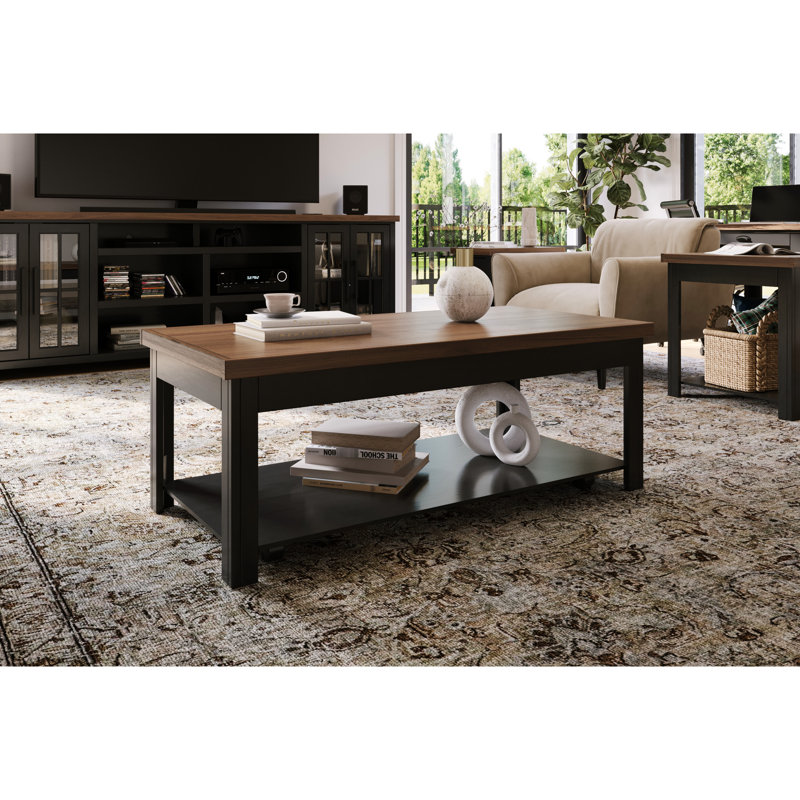 Table basse 48 pouces rectangulaire, noir et whisky, peuplier, avec roulettes bois de peuplier moderne de 48 po, mobilité douce