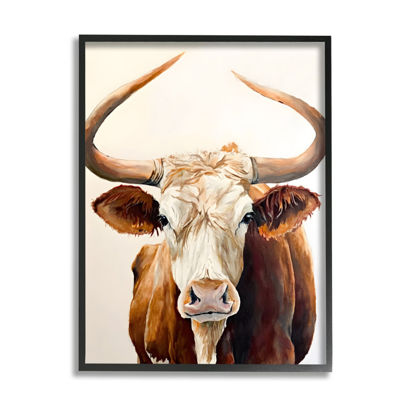 Longhorn avec cornes courbées, impression sur toile, Giclée encadrée noir minuit, H 14 po x l 11 po x P 1,5 po