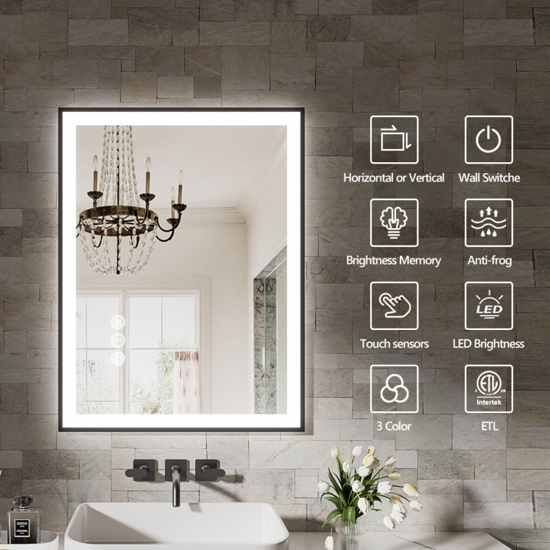 Miroir de salle de bain 24 po x 32 po à DEL sans cadre, miroir intelligent, 32,07 po x 24,07 po
