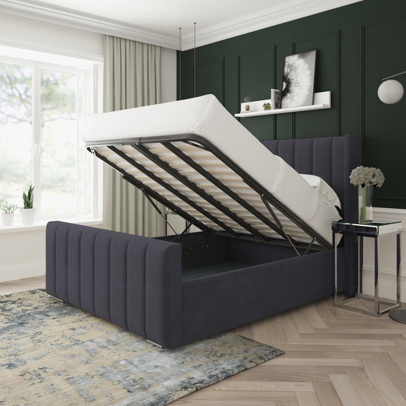 Willow Naples Velvet Upholstered Ottoman Bed Frame, Black, Small Double (4')