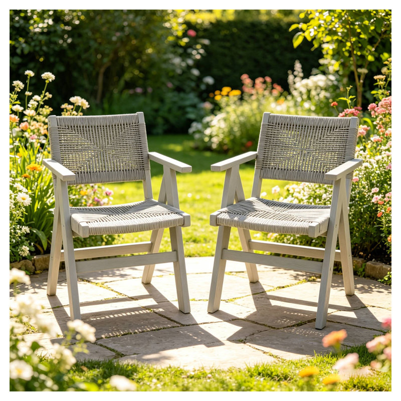 Ensemble de chaises de salle à manger d'extérieur toutes saisons 2 pièces en gris clair avec structure en HPS et en rotin
