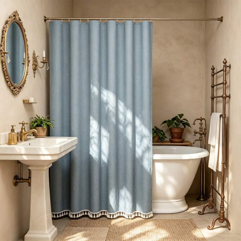 Rideau de douche Boho Farmhouse, Bleu uni