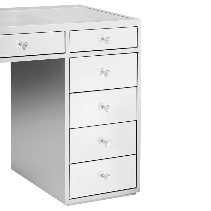 Mini SlayStation Kylie 1.0 Vanity Table with Soft Close 5 Drawers, Vanity Mirror with Crystal Luxe Knobs, Silver