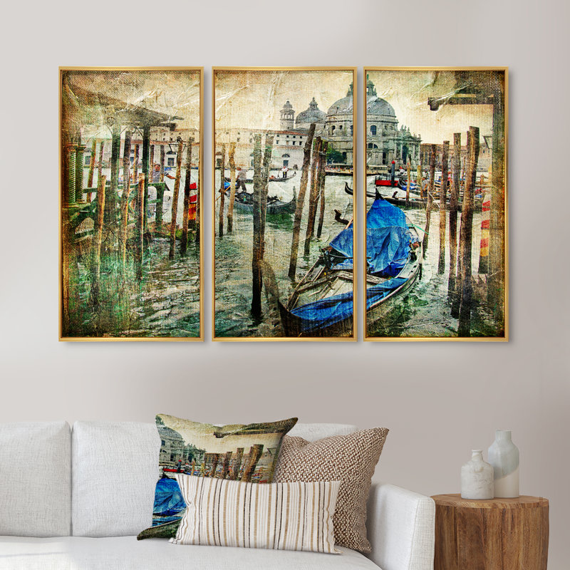 «Beautiful Venice», ensemble de 3 toiles encadrées, H 20 po x l 36 po x P 1 po, Or