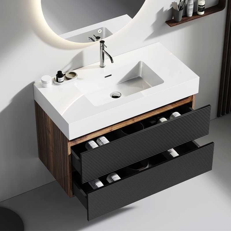 Table de salle de bain Grace de 36 po en noyer - Fixation murale avec lavabo blanc brillant et console noire mate, tiroirs de rangement pour dossiers suspendus