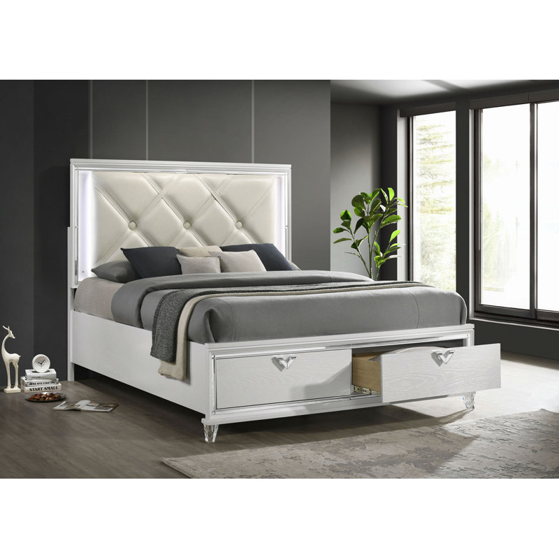 Modern Style Bed With LED Accents & V-Shaped Handles