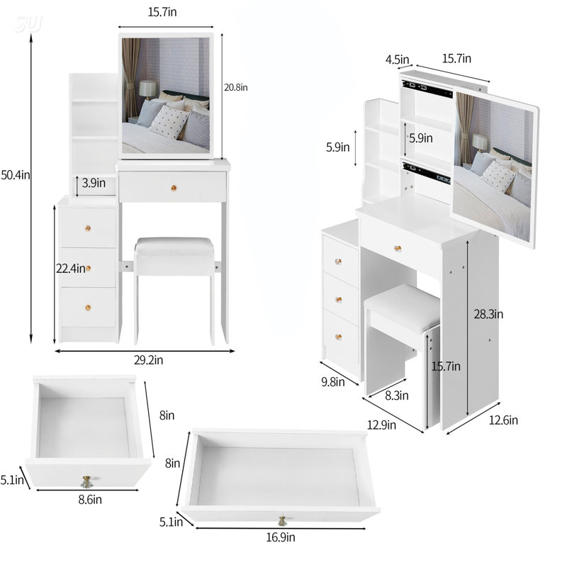 Compact 29.2-Inch Bedside Cabinet Vanity Table With Cushioned Stool, Large Sliding Mirror, And Multi-Layer Storage For Small Spaces