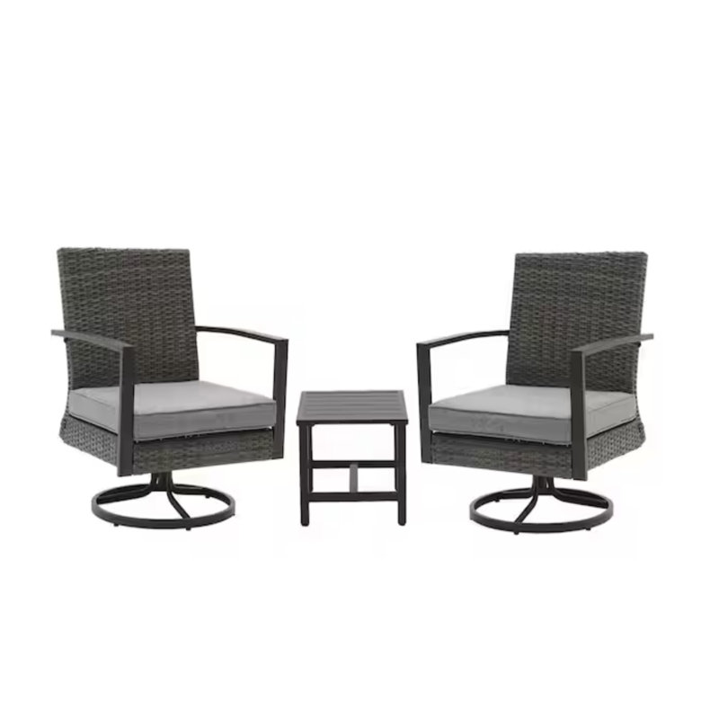 3-Piece Gray Swivel Rocker Patio Bistro Set With Side Table & Cushions