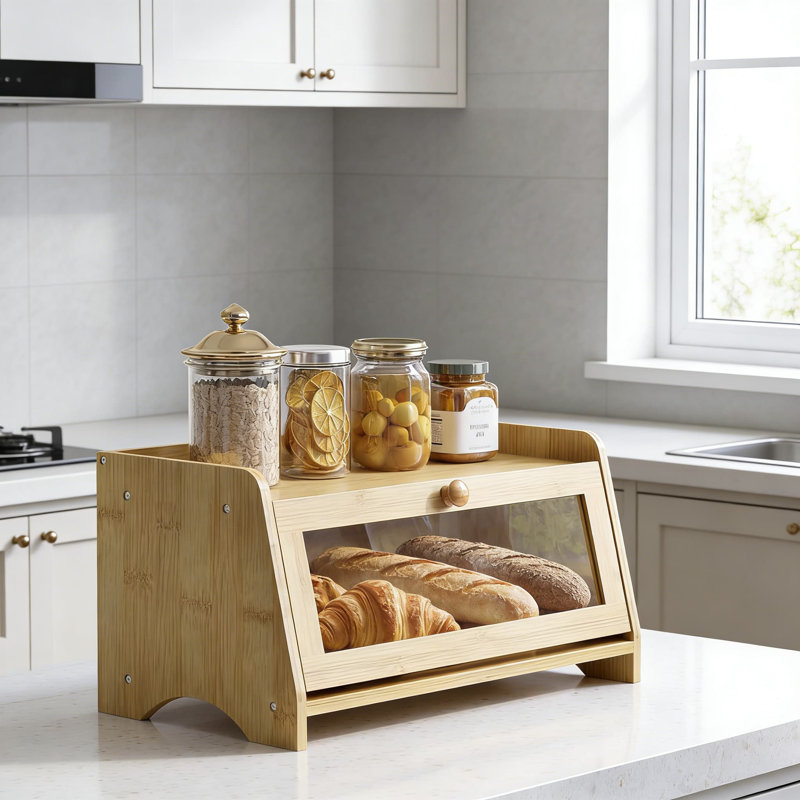 Grande boîte à pain pour comptoir de cuisine avec fenêtre de vue, contenant de rangement en bois de style campagnard avec loquet magnétique et tablette plate