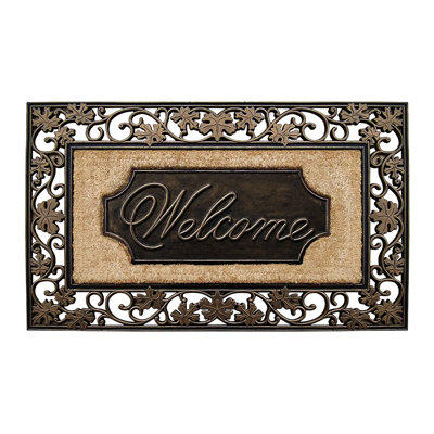Onalaska Natural Coir & Rubber Non-Slip Heavy-Duty "Welcome" Doormat – 18" x 30" Indoor/Outdoor Entry Mat with Floral Design, Bronze