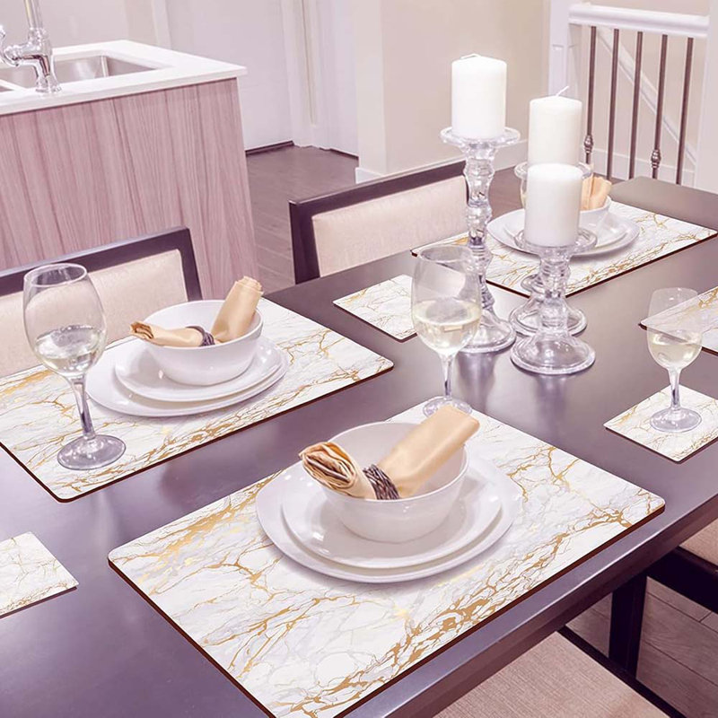 Set Of 4 Heat Resistant Cork Placemats For Dining Table With Free Set Of 4 Matching Drink Coasters Marble Design 16 X 12 Inches Cork Backed Hard Placemats (Foiled Gold)