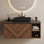 Meuble-lavabo mural en bois brun de 36 po avec lavabo en céramique noir, meuble-lavabo flottant avec armoire de rangement, trou unique pré-percé, bonde escamotable et siphon inclus