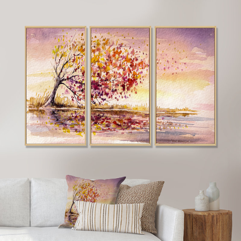«Yellow and Orange Autumn Tree», peinture sur toile flottante 3 pièces, H 32 po x l 48 po x P 1 po, Cadre brun