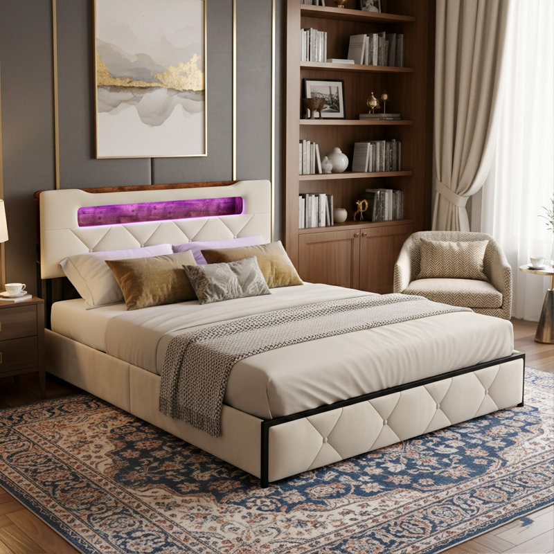 EU Double & King Velvet UPholstered Storage Bed With 4 Drawers, LED Shelf Headboard & USB-C Charging, Gre&Beige, 140/160X200cm