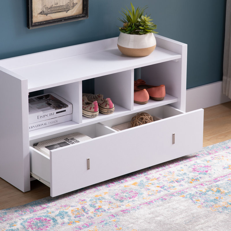 Entryway Shoe Bench With Three Shelves And Storage Drawer, Gold/White