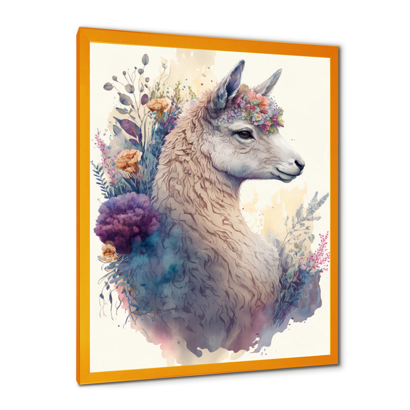 «Cute Llama Floral III», impression sur toile, Cadre photo doré, H 20 po x l 12 po x P 1 po