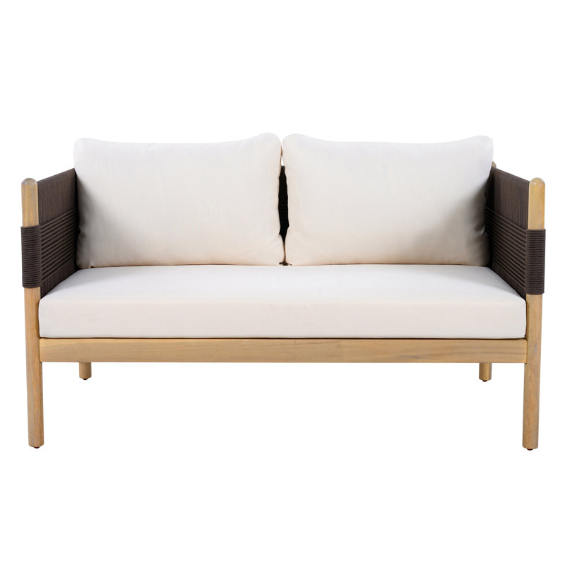 Causeuse d'extérieur en bois d'acacia avec tissage de corde de diamant et coussins