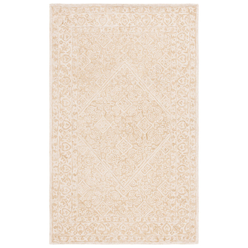 Tapis oriental ivoire / beige en laine / coton touffeté à la main Rashamel, Carré 7 pi