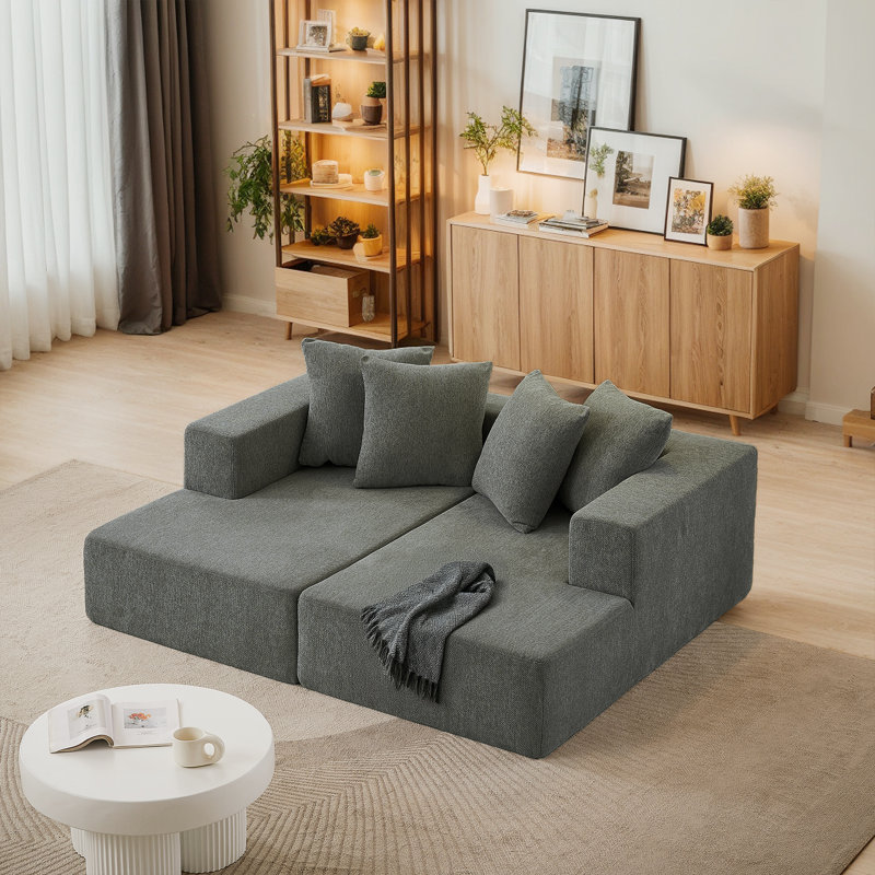 74" Chenille Sectional Sofa, Compression Modular Sofa Chaise,Sofa Bed Sleeper With 4 Pillows, No Assembly Needed