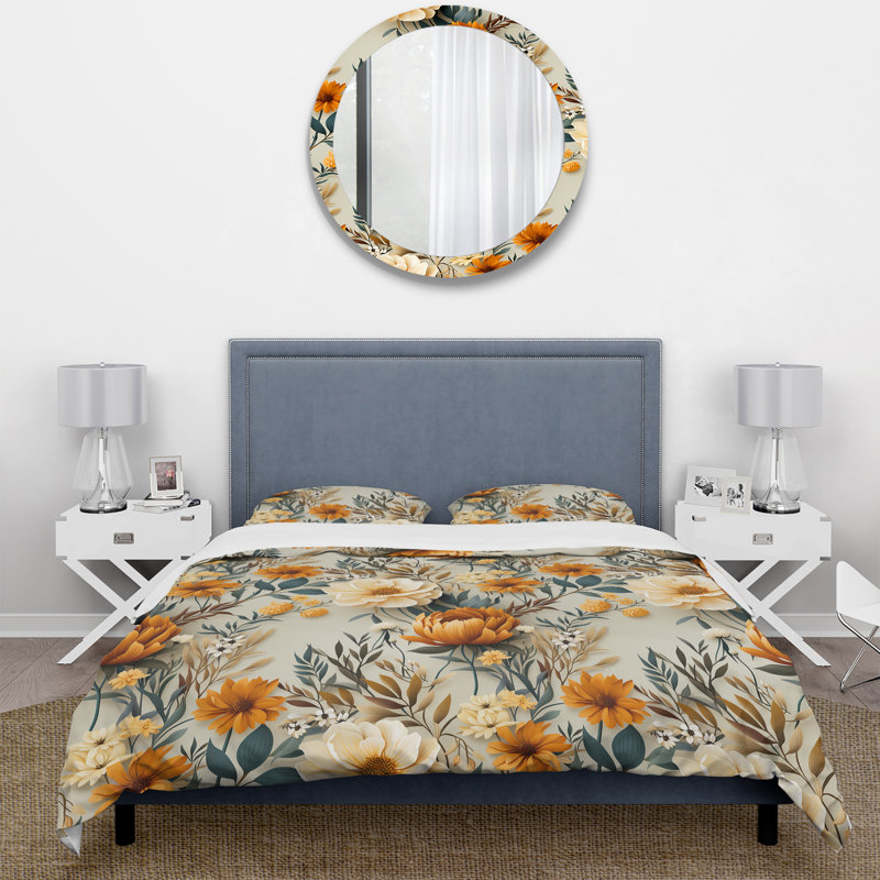 Literie harmonie botanique naturelle orange et verte, Housse de couette simple + 1 taie décorative stan