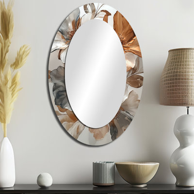 Cuivre métallique et chrome abstrait fleurs II - grand miroir mural ovale sur métal