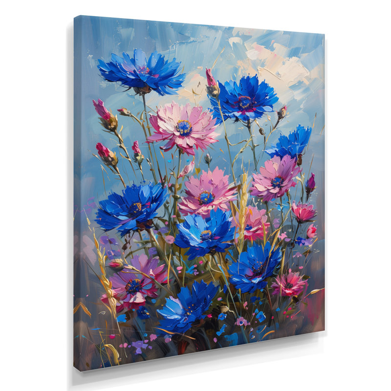 «Blue Blue Meadow Cornflowers Serenity» - Art mural bleuets, H 32 po x l 16 po x P 1 po, Toile tendue