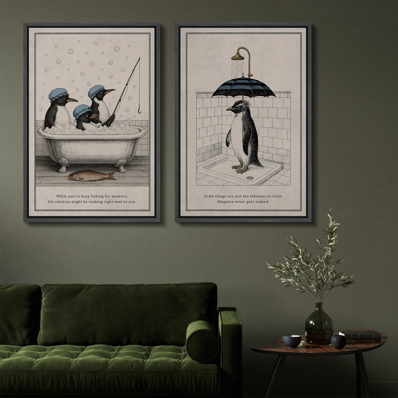 Art mural pingouin avec parapluie, reproduction d'art amusante pour salle de bain moderne ou décoration originale