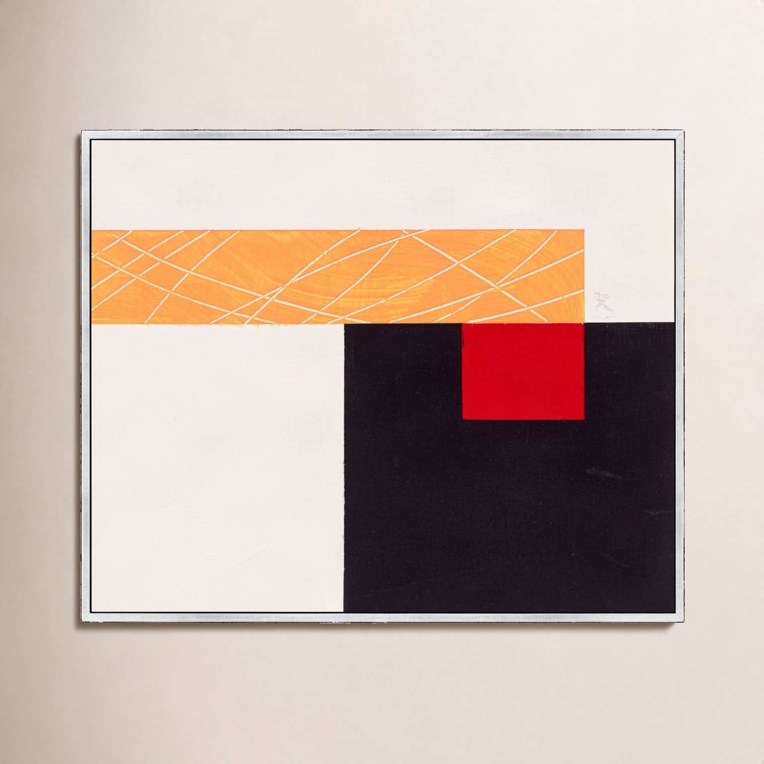 Composition With Yellow 1 by Robert Kamnatnik, 21" H x 30" W x 1.38" D, Silver Framed Canvas