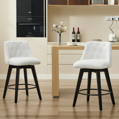 25" Swivel Bar Stools Of 2 - Modern Solid Wood Frame With Linen Upholstery & Button Back. 360 Silent Swivel, Adjustable Feet. Stain- For Kitchen Island, Breakfast Or Home Pub. White Upholstered
