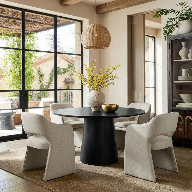 4 - Person Dining Table Sets With Round Table & 4 Upholstered Waterproof Chairs, Beige