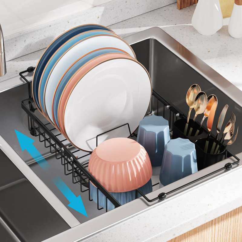 Expandable in Sink Dish Drying Rack - Adjustable Capacity (12.4''-17.1''L) Over The Sink Dish Drainer Drying Rack for Kitchen Counter and Sink, Dish Rack with Utensil Holder