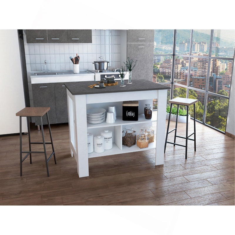 Îlot de cuisine, table de cuisine H 35 po, quatre pieds, trois tablettes de rangement ouvertes