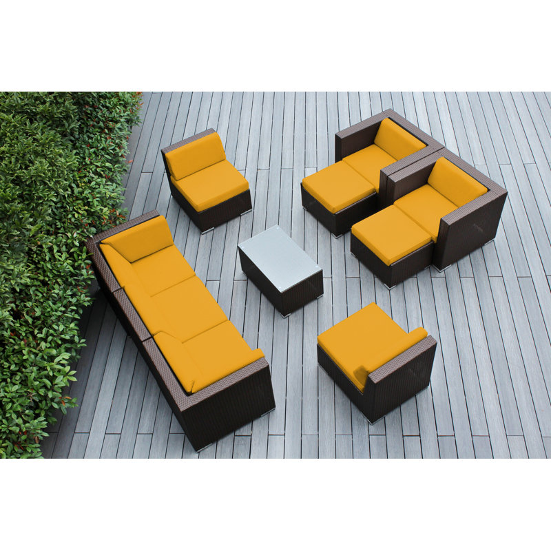Kiara Wicker 7 - Person Seating Group with Cushions - No Assembly, Canvas Sunflower Yellow Sunbrella® Canvas, Dark Brown