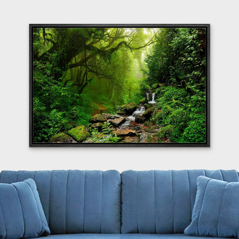 " Nepal Green Forest Waterfall ", 16" H x 24" W x 1.5" D, Black Frame