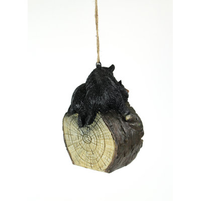 Garden hanging polyresin cut log birdhouse with black bear cubs and jute rope, 7.5 inches high
