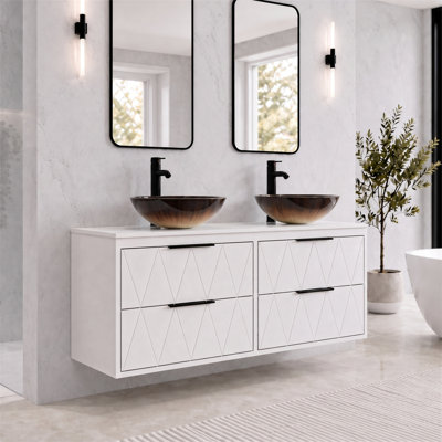 48" Wall Mounted Floating Double Bathroom Vanity with Artistic Vessel Sinks, Hand-Painted, 4 Soft-Close Drawers